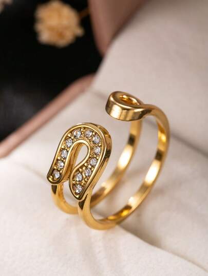 18K镀金不锈钢开口胸针戒指，镶嵌水钻，复古风格首饰，简约可爱，女士礼物