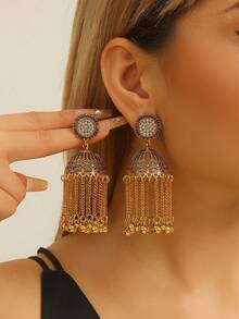一对传统波西米亚风水钻镶嵌大铃铛圆珠长流苏耳环，适合女性和女孩日常、节日、婚礼和派对佩戴/珠宝礼品 - 經典的 - 查看 1