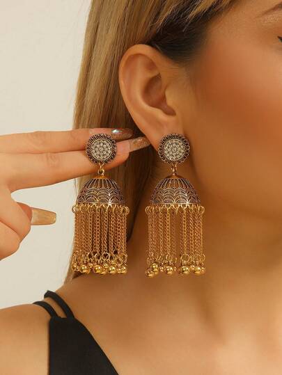 一对传统波西米亚风水钻镶嵌大铃铛圆珠长流苏耳环，适合女性和女孩日常、节日、婚礼和派对佩戴/珠宝礼品