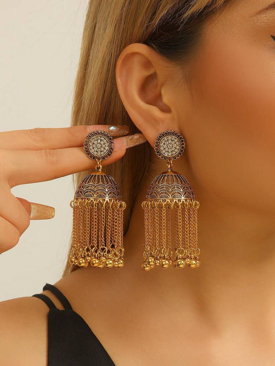 一对传统波西米亚风水钻镶嵌大铃铛圆珠长流苏耳环，适合女性和女孩日常、节日、婚礼和派对佩戴/珠宝礼品 - 經典的 - 查看 1