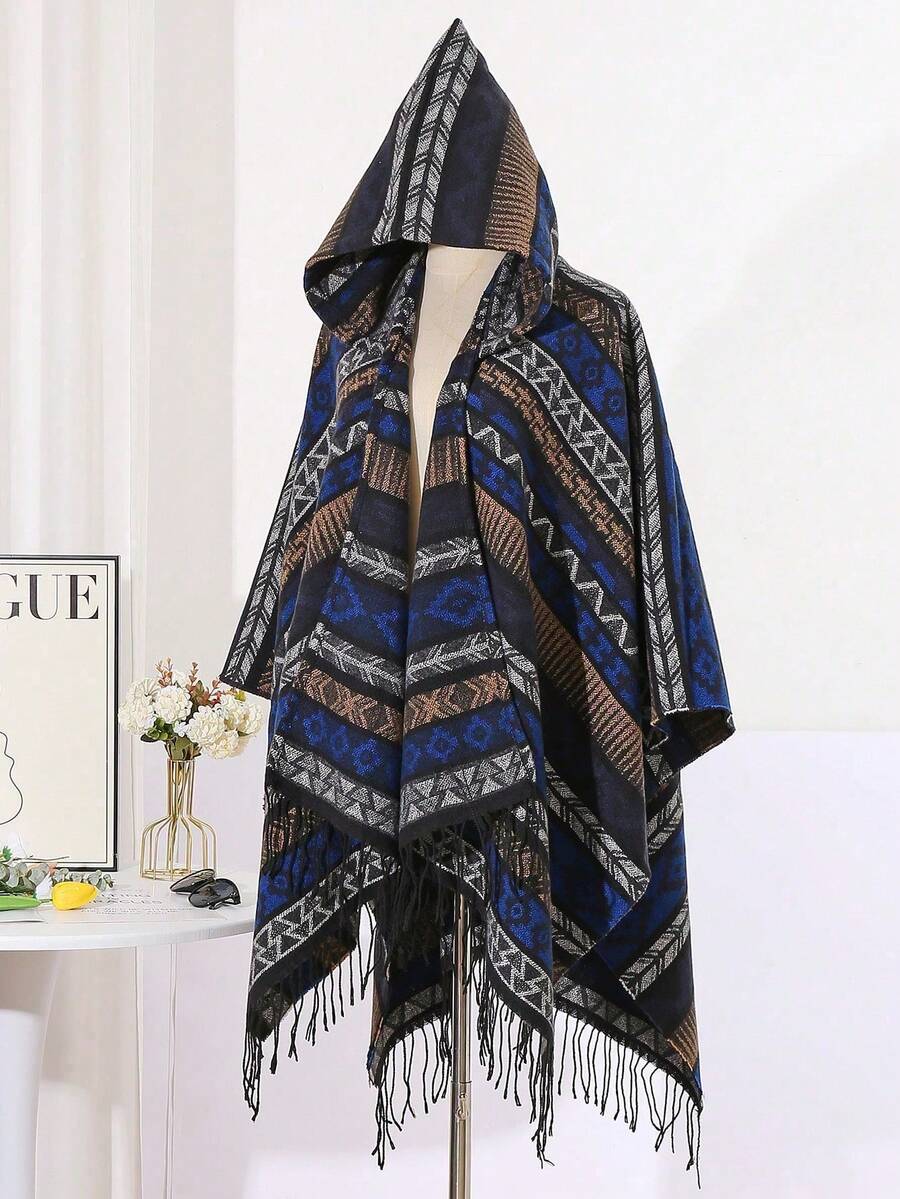 1件几何花卉提花流苏围巾披肩 - 彩色 - 查看 1