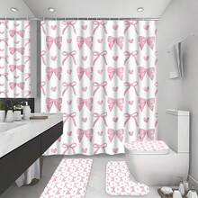 1/4 件套可爱粉色蝴蝶结浴帘,现代时尚浴室帘套装,包含防水浴帘、防滑地垫、马桶盖套、浴垫和 12 个塑料挂钩,可机洗,提花编织防水涤纶面料 - A - 查看 20