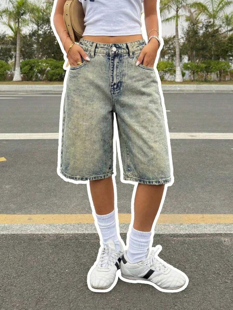 Women Casual Denim Capris Wide Leg Zipper Jeans Non-Stretch For Summer Outfits - Blue - View 1