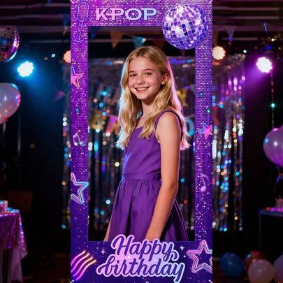 1个紫色迪斯科球生日快乐拍照相框道具，设计有紫色迪斯科球、星星、音符和麦克风，生日拍照装饰道具，主题派对装饰拍照道具