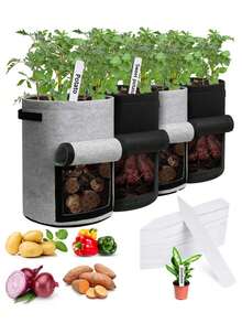 4个带盖7加仑土豆种植袋，10个植物标签，带提手和采收窗口的种植盆，黑灰色 - 育苗袋 - 查看 1