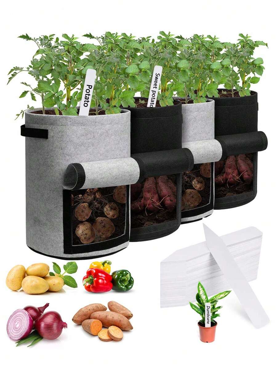 4个带盖7加仑土豆种植袋，10个植物标签，带提手和采收窗口的种植盆，黑灰色 - 育苗袋 - 查看 1