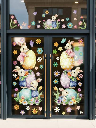 2pcs/Set Easter Window Stickers, Rabbit & Easter Egg Pattern Window Decals, Removable PVC Stickers, Easter Window Decoration, Wall Decor, Easter Decoration, Easter Party Supplies, Easter Egg Hunt Party Decor, Room Background Decor, Home Decor, Door & Window Decor, Happy Easter Decoration, Easter Self-Adhesive Stickers, Easter Gift