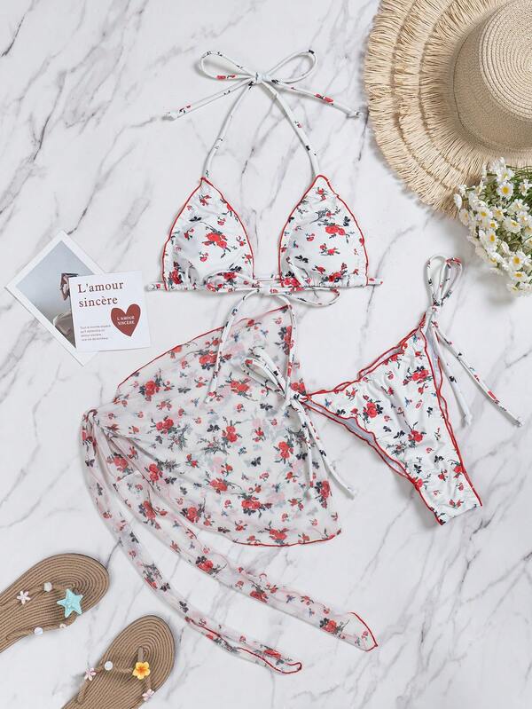 Allover Print Multicolor Casual Vacation Beach Party 3-Piece Bikini Set, Beach Outfit With Full Body Print, Backless Tie-Up Vacation Beach Summer