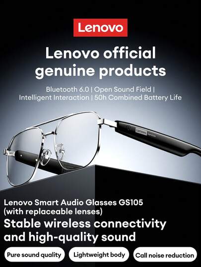  Lenovo GS105 Fashionable Bluetooth Glasses, Metal Frame, Wireless Bluetooth 6.0, Pure Sound Quality, Long Battery Life, HD Calling, ENC Microphone Noise Cancellation, Dual-Layer Anti-Leakage, Wireless Smart Glasses, Compatible With Smartphones, Ideal Gift For Couples And Friends