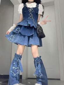 Y2K 星星刺绣朋克系带做旧牛仔喇叭腿套，复古夏季亚文化叠层腿套 - 彩色 - 查看 5