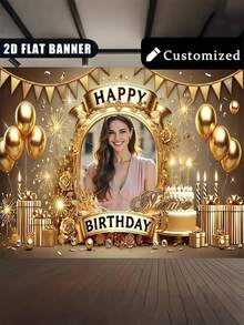 1pc Customized Happy Birthday Background, Gold Theme Personalized Birthday Custom Poster, Birthday Party Custom Photo And Name Poster For Party Background Decoration, Exclusive Personalized Graphic Text Customization Service - Multicolor - View 5