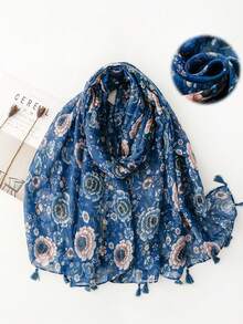 1 pieza Elegante bufanda/pañuelo de mujer de color azul con patrón floral de moda, liviana con flecos, adecuada para citas, uso diario, fiestas, viajes y salidas - Multicolor - Ver 1