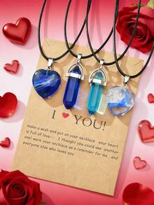 4入組夜光彩色水晶心火山石友誼情侶項鍊,最好禮物適用於女士們至穿戴在日常生活 - 彩色 - 查看 7