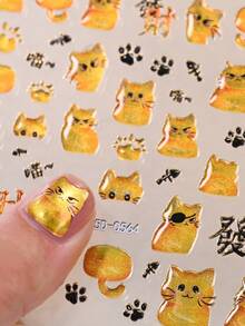 1张5D果冻可爱猫咪美甲贴纸，黑色黄色卡哇伊招财猫爪美甲贴纸，果冻设计，自粘小猫美甲贴纸，适合女性女孩美甲用品 - 彩色的 - 查看 7