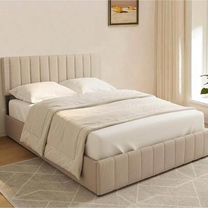 Marco de cama tapizado de tamaño completo con 4 cajones de almacenamiento, cabecera ajustable, soporte de listones de madera silencioso y se adapta a colchones de 6" a 12" (sin somier)