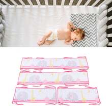 Bonito juego de colchón transpirable con estampado de rayas de color liso, suave y anticolisión para cunas de bebé - Rosa - Ver 4