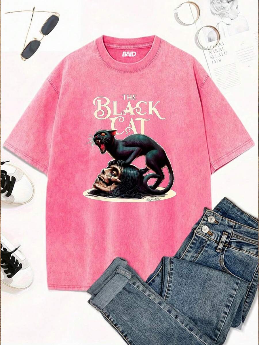 Stonewashed Streetwear Cat Dark Head Skull Emo Gothic Fans Street Fashion Urban Culture Unisex Men's Women's 100% Cotton Top Premium Streetwear New Release Immediate Shipping Various Colors!! - 羅莎 - 查看 1