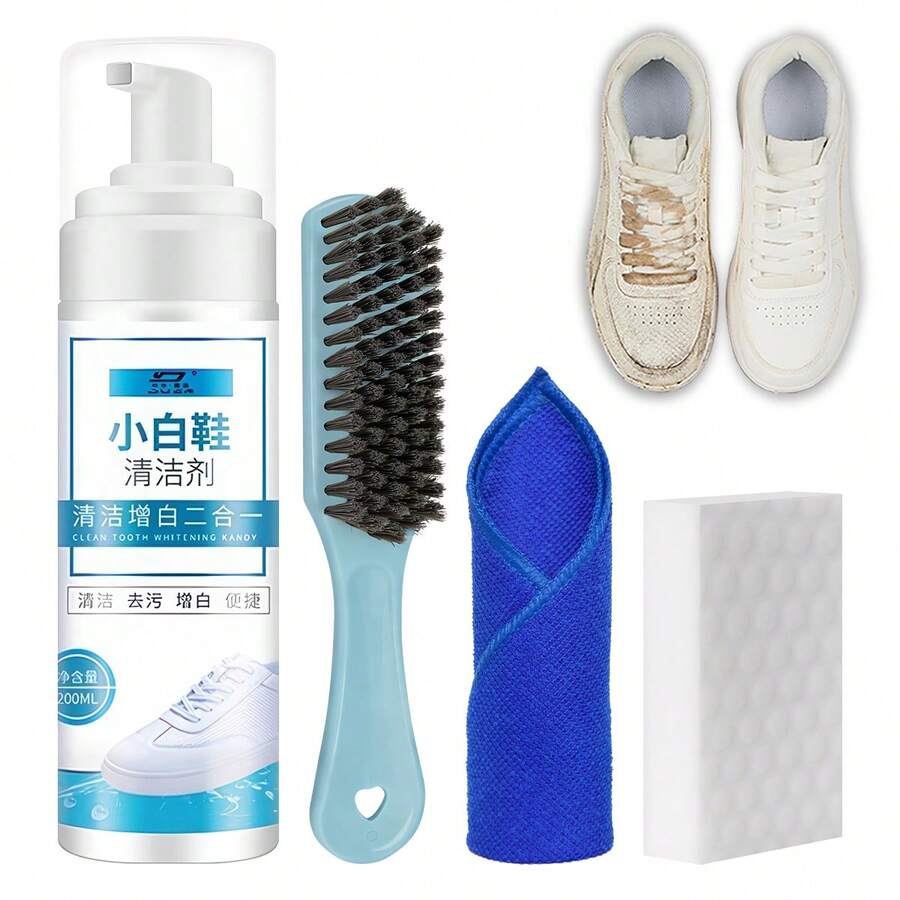 200毫升/6.76液盎司强力清洁泡沫清洁剂，无需用水，有效清洁并去除运动鞋、休闲鞋上的污渍，配有精美包装袋、高密度海绵、毛巾和刷子。 - A - 查看 1