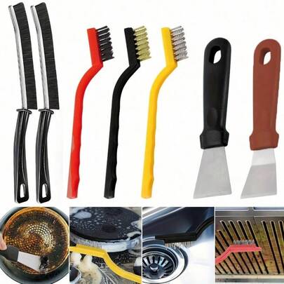 Juego de 7 cepillos de fregar con raspador - Cepillos de cerdas rígidas para estufa, horno y lechada de azulejos | Juego de cepillos de limpieza resistentes para limpieza profunda de cocina y baño