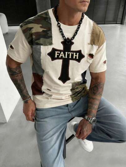 Men's Retro Patchwork Print Short Sleeve T-Shirt, Casual Daily Wear