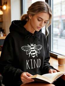 Women's Fashionable Black Hooded Sweater With KIND Bee Pattern Print - Warm Long-Sleeved Pullover, Casual Strap-On Hooded Sports Shirt, Suitable For All Seasons, Casual Pullover Shirt - Black - View 3