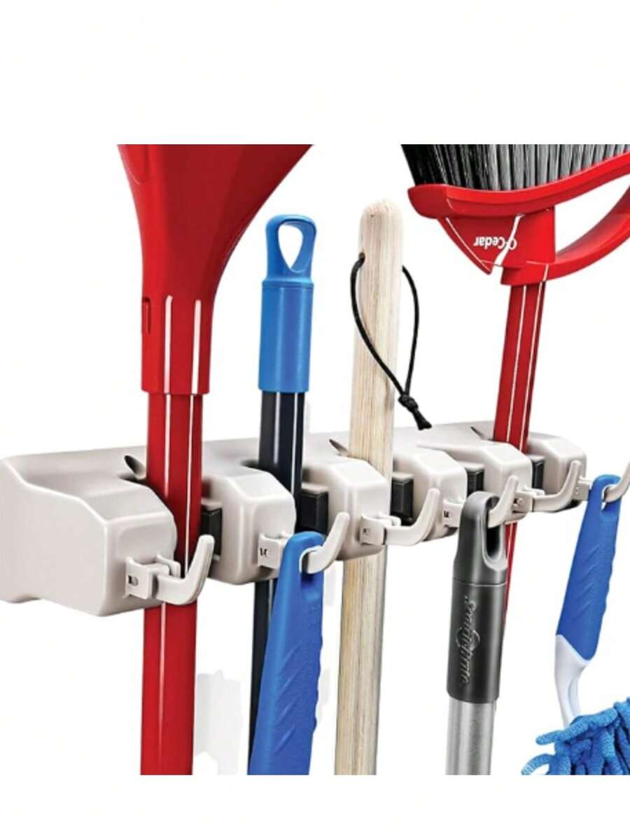 Home- It Mop and Broom Holder, 5 Position with 6 Hooks Garage Storage Holds up to 11 Tools, Storage Solutions for Broom Holders, Garage Storage Systems Broom Organizer for Garage Shelving Ideas - Blanco - Ver 1