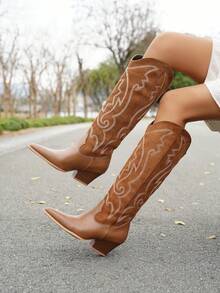 Women's Western Style Pointed Toe Mid-Calf Boots, Embroidered Chunky Heel Cowboy Boots - Brown - View 3