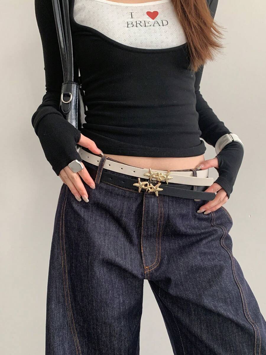 2pcs Black & White PU Material Women's Star Buckle Casual Waist Belt - Black and White - View 1