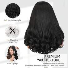 22英寸女士蕾丝分缝波浪卷发合成假发，无胶无缝全头卷发耐热合成编织假发，适合日常佩戴，黑色 - 黑色 - 查看 5