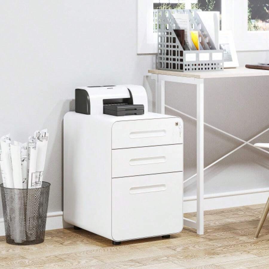 Rolling Filing Cabinet/Office Storage Container With 3 Drawers, Steel, White, 39x48x59cm - White - View 1
