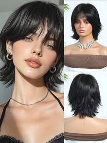 12 Inch Short Straight Synthetic Wig With Bangs For Women, Suitable For Daily, Party, Cosplay, Brown Layered Wig, Long Straight Hair With Bangs, High Density Heat Resistant Synthetic Wig, Suitable For Daily, Party, Natural Sexy Casual Sports College Style, Heat Resistant Wig, Suitable For Halloween, Christmas Gift, Girlfriend Gift - 黑色 - 查看 10