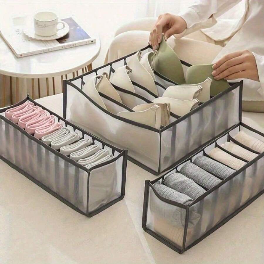 3pcs/Set Underwear Fabric Drawer Storage Basket, Socks Storage Drawer Box For Panties, Bras, Ties, Clothes, Household Space Saving Organizer Of Wardrobe, Closet, Bedroom, Home, Dorm, Bedroom Accessories - 灰色 - 查看 1
