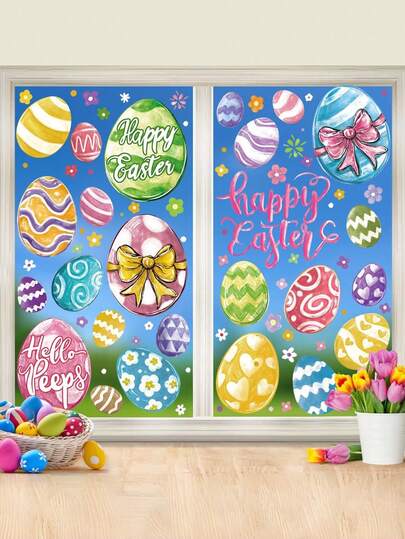 Easter Large Egg Window Stickers, Painting Egg Flower Decals For Home, Office, School Glass Windows Decoration, Happy Easter Bunny Egg Window Stickers, Painting Egg Bunny Stickers, Easter Egg Self-Adhesive Stickers For Spring Crafts, Home Party Decorations, Desktop Decor, Gifts