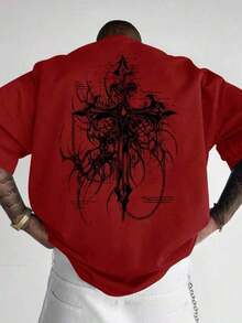 HAFIME Men's T-Shirt With "Gothic Cross" Print, Unisex Men's Shirt, 100% Cotton, Top Premium Streetwear, New Release, Gothic Style - 紅色 - 查看 2