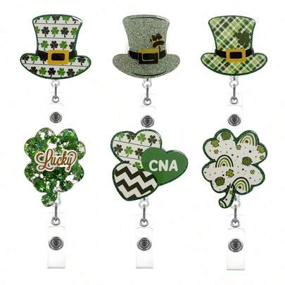 1pc St. Patrick's Day Badge Reel, Clover, Green Hat Retractable Badge Holder With Rotating Alligator Clip, Suitable For Nurses, Doctors And Office Personnel