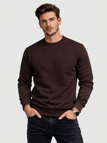 ZUKKER Kit Of 2 Men's Plain Crew Neck Sweatshirts, Flannel Lined Winter Jacket, Unisex Cotton, Immediate Shipping, Various Colors, Ribbed Cuffs - nâu/trắng - Xem 3