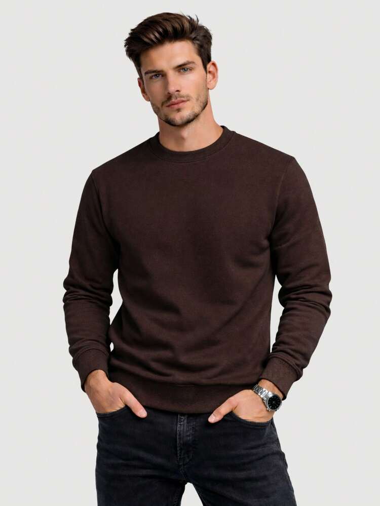 ZUKKER Kit Of 2 Men's Plain Crew Neck Sweatshirts, Flannel Lined Winter Jacket, Unisex Cotton, Immediate Shipping, Various Colors, Ribbed Cuffs - Brown/white - View 3