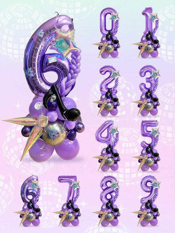 33 pezzi Set di colonna di palloncini a tema musica K-Pop, include palloncini a forma di note musicali, numeri viola da 32 pollici da 0 a 9, stelle esplosive colorate, adatto per decorazioni di feste di compleanno a tema musica K-Pop, feste di compleanno, decorazioni per video brevi, decorazioni per feste a tema musica karaoke, feste di compleanno a tema discoteca anni '80, feste da ballo a tema notte stellata, forniture per celebrazioni di feste di Capodanno
