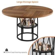 Mesa de Comedor Redonda 47" para 4-6 Personas, con Estante de Almacenamiento, Marco Metálico Resistente, Moderna Multiusos - Marrón - Ver 3