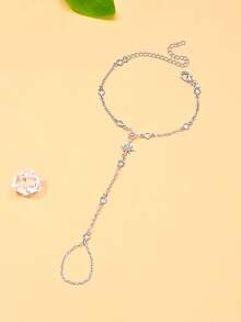 1pc Silver Star Linked Finger Chain Bracelet Ring Set, Summer Elegant Rhinestone Jewelry - Silver - View 3