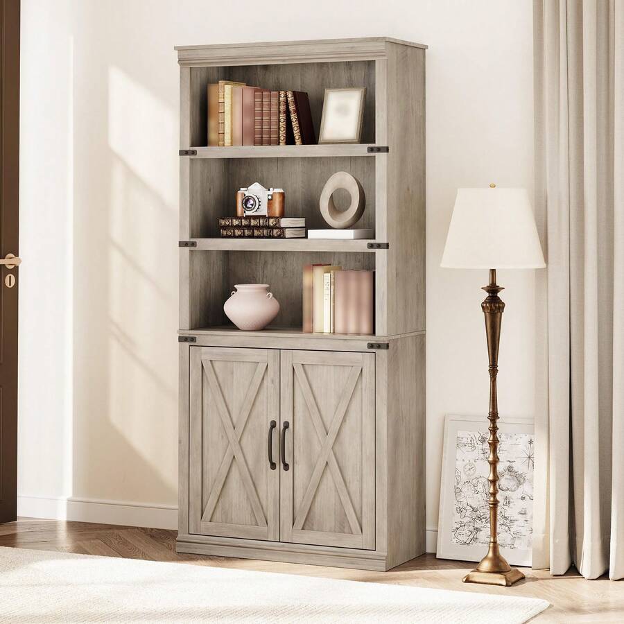 Librería compacta estilo granja de 5 niveles HarmoHaby: estantería vintage de madera con estantes y puertas abiertas, ideal para sala de estar, dormitorio, apartamento o oficina. - puerta de madera - Ver 1