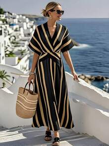 Đầm đi biển mùa hè thanh lịch, phối sọc tương phản, kiểu thắt nút chéo. - Nhiều màu - Xem 3