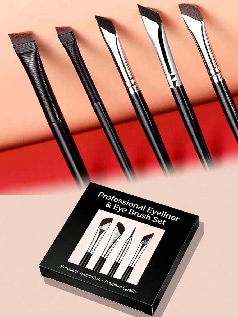 5pcs Precise Eye Makeup Brush Set | Angled Eyeliner Brush, Eyebrow Brush, Double-Sided Long Handle Design - Soft Synthetic Bristles, Suitable For Sensitive/Dry Skin (Professional Grade), Makeup Brush Set - Multicolor - View 1