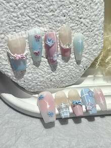 10pcs Blue Star Nail Stickers, Handmade Wearable Nail Art Decals, Suitable For Summer, Macaron French Manicure, Cute Butterfly Blush, Press-On Nail, Medium Nail Supplies (1pc Jelly Sticker + 1pc Nail File) - Baby Blue - View 2