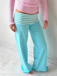 Women Y2k Low Waist Loose Fit Trousers Cute Striped Wide Flare Leg Pants Stretchy Folds Over Lounge Home Sweatpants - 藍色 - 查看 1