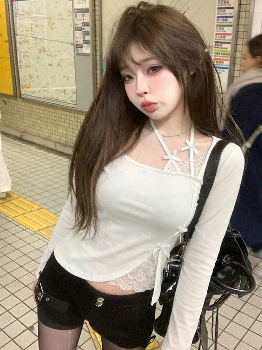 性感撞色蕾丝长袖T恤，修身剪裁，优雅时尚 - 白色 - 查看 1