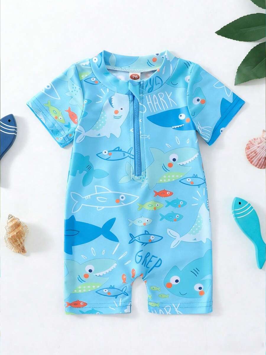 新款婴幼儿连体动物纹泳衣,速干泳衣,男童夏季防护泳衣 - 淺藍色 - 查看 1
