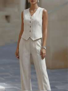 2pcs/Set Women's Business Casual Vest + Straight Leg Pants Suit, Commuting, Daily Wear, Casual Gathering Outfit, Solid Color Casual Front Button Vest And Pants Set, Office, Daily, Street, Airport, Spring/Summer - Apricot - View 2