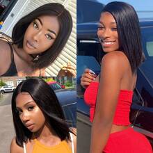 13x4蕾丝前额假发 直发短波波头假发 真人发假发 巴西预拔毛蕾丝前额真人发假发 女士真人发 - Natural Black - 查看 9