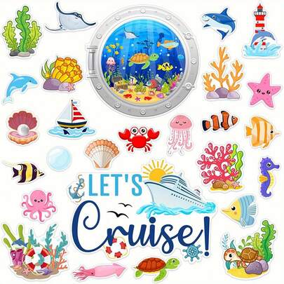 27pcs Cruise Ship Magnet Set, Includes Adorable Ocean Life & Plant Patterns, Great For Decorating Refrigerators, Cruise Ship Doors, Cars, And Party Supplies, Featuring Fish, Crab, Shark, And Boat Designs